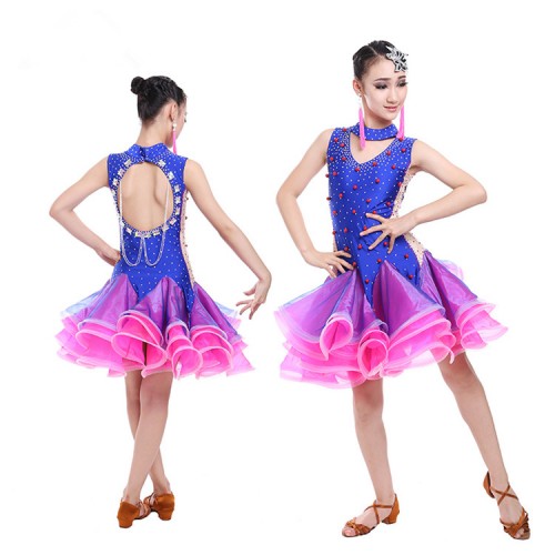 Royal blue fuchsia patchwork rhinestones beads backless competition performance professional latin ballroom dancing dresses costumes